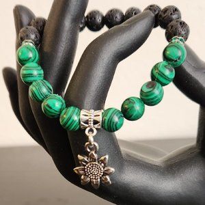 Green Malachite, Lava Stone Stretchy Bracelet